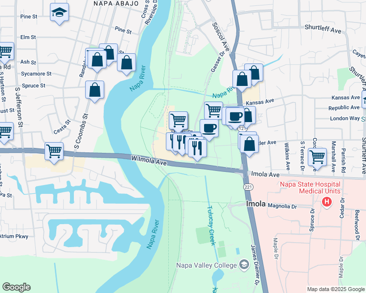 map of restaurants, bars, coffee shops, grocery stores, and more near 195 Gasser Drive in Napa