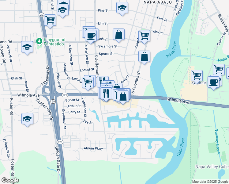 map of restaurants, bars, coffee shops, grocery stores, and more near 1626 Hemlock Street in Napa