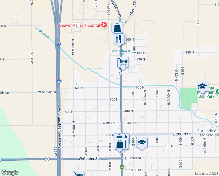 map of restaurants, bars, coffee shops, grocery stores, and more near 595 North 100 West Street in Beaver