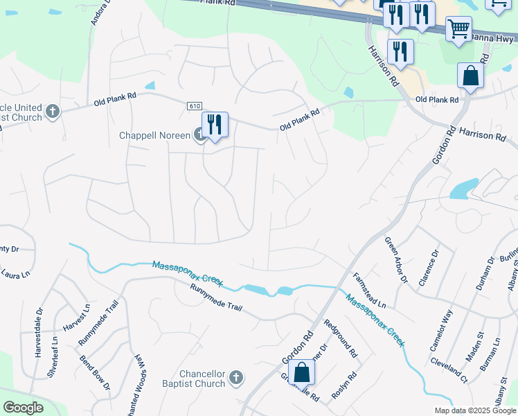 map of restaurants, bars, coffee shops, grocery stores, and more near 11909 Woodland View Drive in Fredericksburg