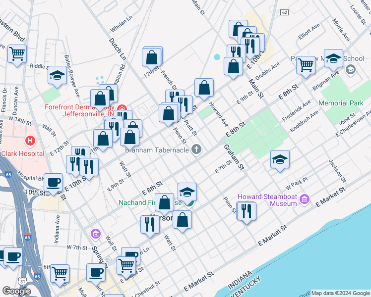 map of restaurants, bars, coffee shops, grocery stores, and more near 819 Penn Street in Jeffersonville