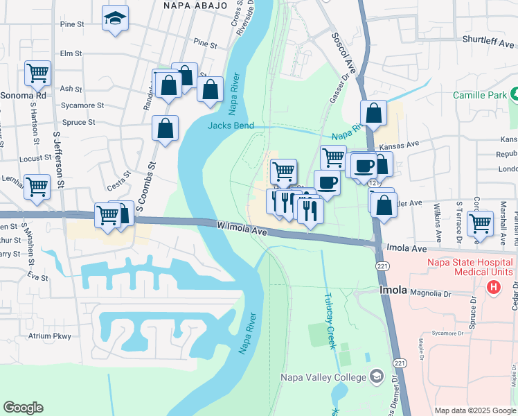 map of restaurants, bars, coffee shops, grocery stores, and more near 935 Hartle Court in Napa