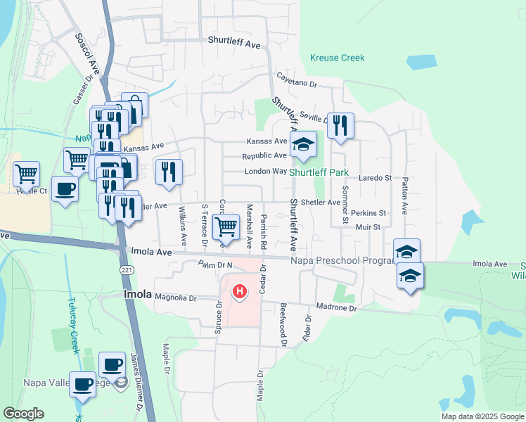 map of restaurants, bars, coffee shops, grocery stores, and more near 2145 Mayfair Drive in Napa