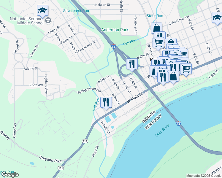 map of restaurants, bars, coffee shops, grocery stores, and more near 610 West Spring Street in New Albany