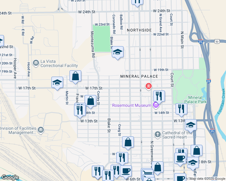 map of restaurants, bars, coffee shops, grocery stores, and more near 1712 Blake Street in Pueblo