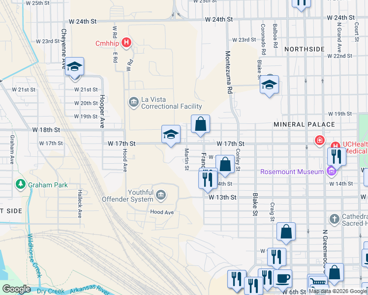 map of restaurants, bars, coffee shops, grocery stores, and more near 1304 West 17th Street in Pueblo