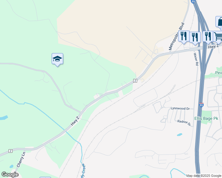 map of restaurants, bars, coffee shops, grocery stores, and more near 1947 Highway Z in Pevely