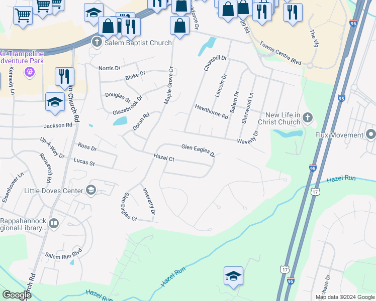 map of restaurants, bars, coffee shops, grocery stores, and more near 5821 Glen Eagles Drive in Fredericksburg