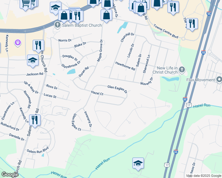 map of restaurants, bars, coffee shops, grocery stores, and more near 5821 Glen Eagles Drive in Fredericksburg