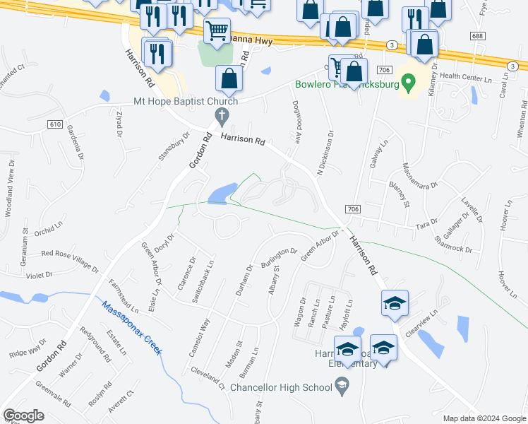 map of restaurants, bars, coffee shops, grocery stores, and more near Virginia Central Rail Trail in Fredericksburg