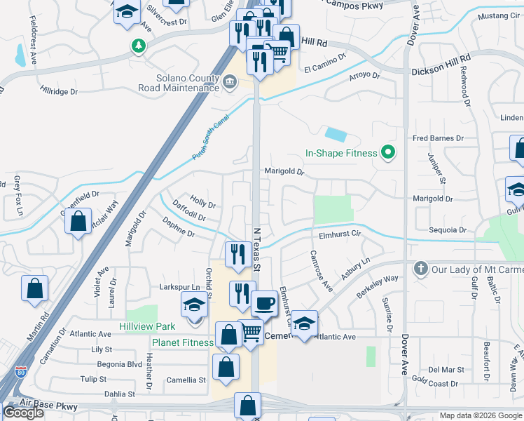 map of restaurants, bars, coffee shops, grocery stores, and more near 2874 Sunshine Circle in Fairfield