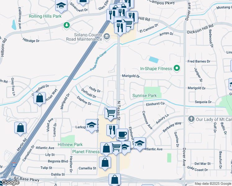 map of restaurants, bars, coffee shops, grocery stores, and more near 114 Sundial Court in Fairfield