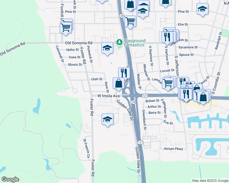map of restaurants, bars, coffee shops, grocery stores, and more near 769 South Freeway Drive in Napa