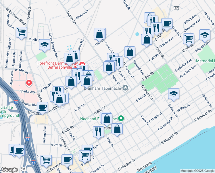 map of restaurants, bars, coffee shops, grocery stores, and more near 928 Fulton St in Jeffersonville