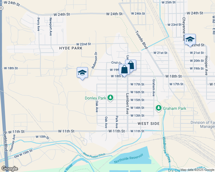 map of restaurants, bars, coffee shops, grocery stores, and more near 1700-1750 Oak Ave in Pueblo