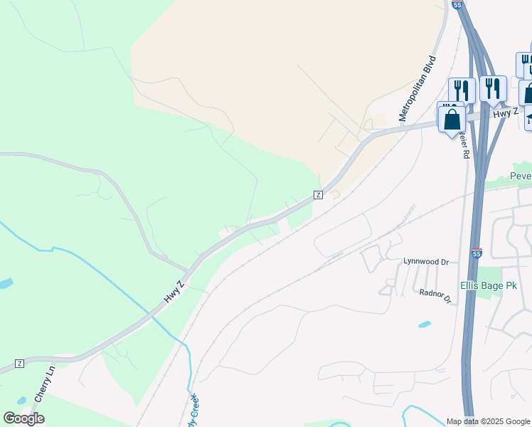 map of restaurants, bars, coffee shops, grocery stores, and more near 1947 Highway Z in Pevely