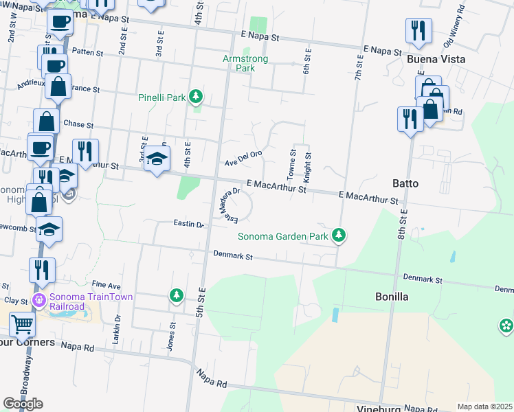 map of restaurants, bars, coffee shops, grocery stores, and more near 572 Este Madera Drive in Sonoma