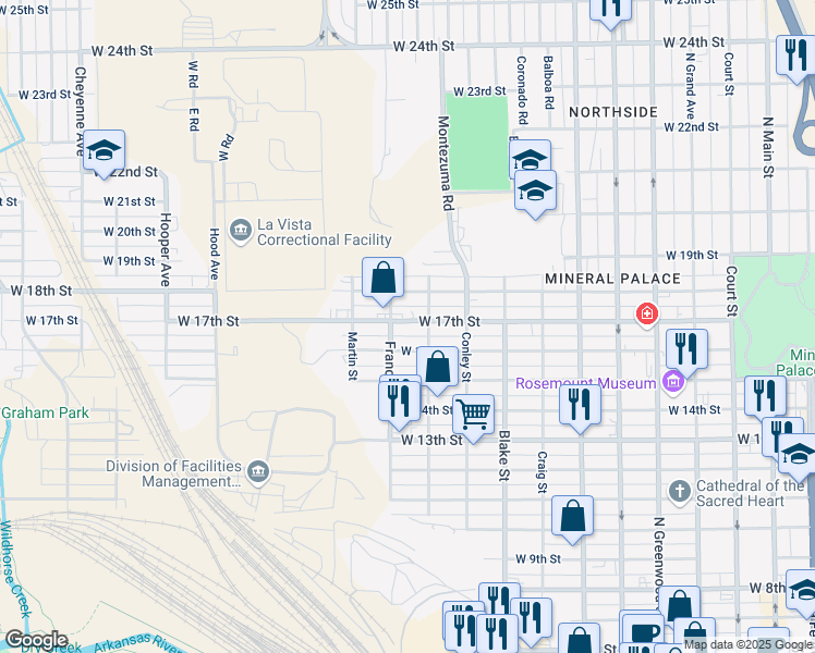 map of restaurants, bars, coffee shops, grocery stores, and more near 1127 W 17th St in Pueblo
