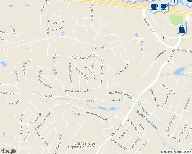 map of restaurants, bars, coffee shops, grocery stores, and more near 11809 Arbor Glen Drive in Fredericksburg