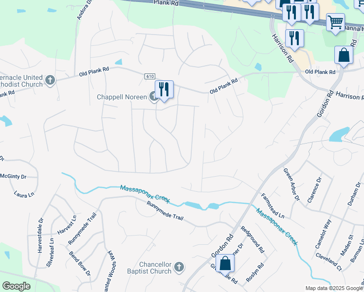 map of restaurants, bars, coffee shops, grocery stores, and more near 11809 Arbor Glen Drive in Fredericksburg