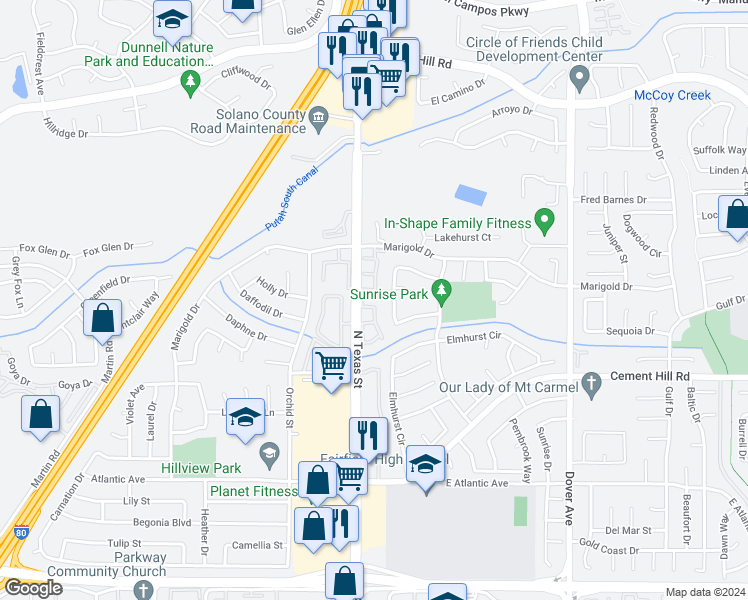 map of restaurants, bars, coffee shops, grocery stores, and more near 220 Sunnyside Court in Fairfield