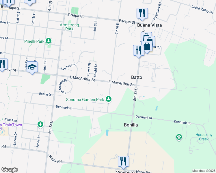 map of restaurants, bars, coffee shops, grocery stores, and more near 19910 7th Street East in Sonoma