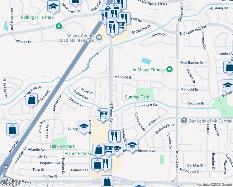 map of restaurants, bars, coffee shops, grocery stores, and more near 220 Sunnyside Court in Fairfield