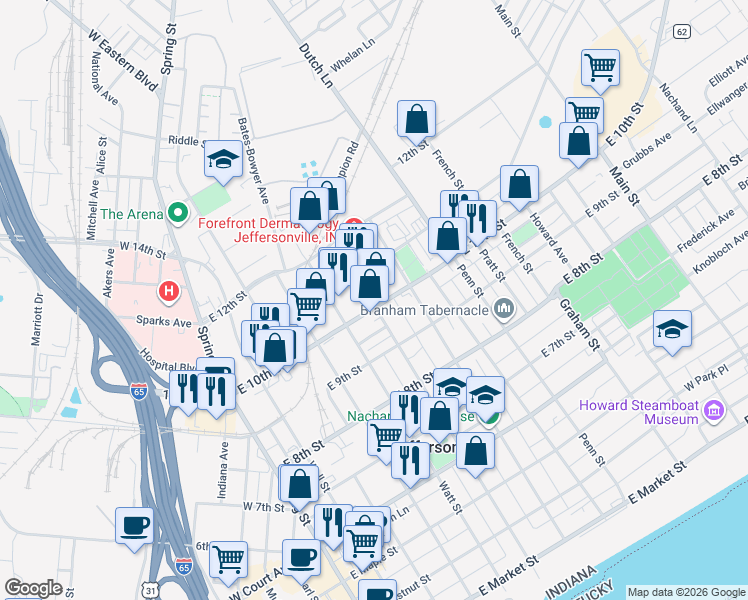 map of restaurants, bars, coffee shops, grocery stores, and more near 575 East 10th Street in Jeffersonville