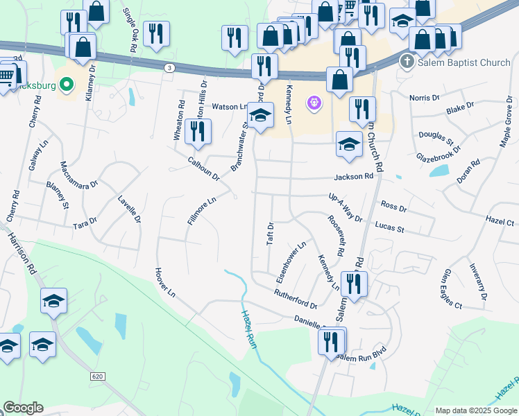 map of restaurants, bars, coffee shops, grocery stores, and more near 11827 Rutherford Drive in Fredericksburg