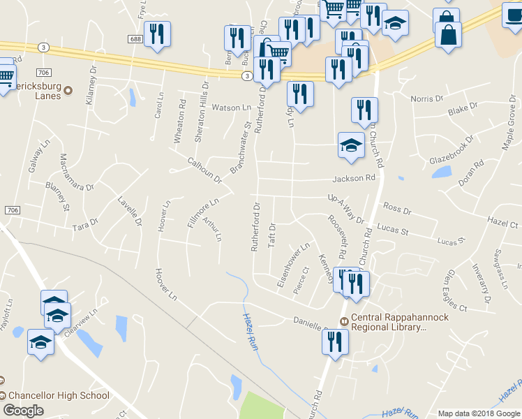 map of restaurants, bars, coffee shops, grocery stores, and more near 11827 Rutherford Drive in Fredericksburg
