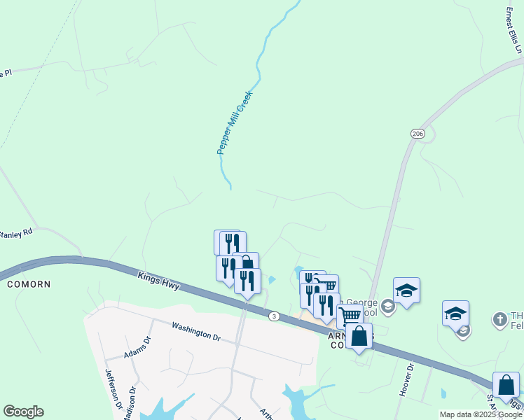 map of restaurants, bars, coffee shops, grocery stores, and more near 9376 Caucus Drive in King George