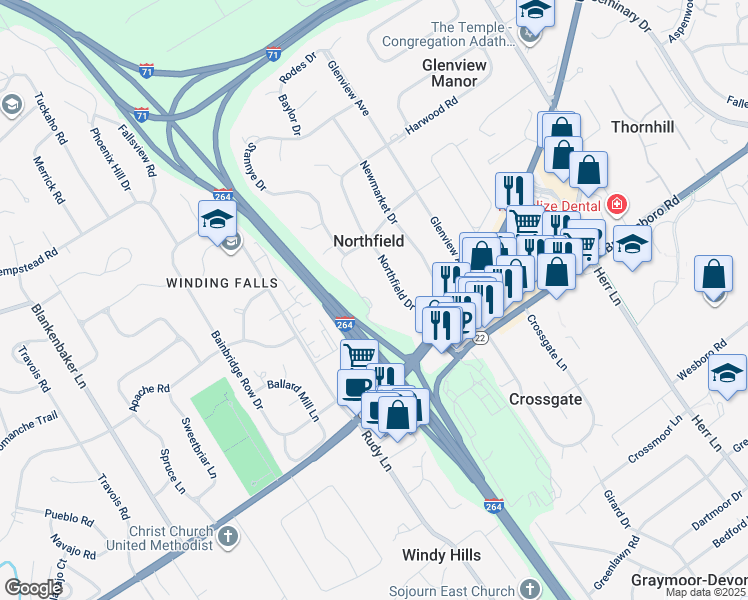 map of restaurants, bars, coffee shops, grocery stores, and more near 6000 Hunting Road in Louisville