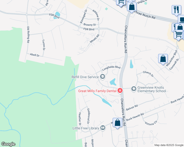 map of restaurants, bars, coffee shops, grocery stores, and more near 22376 Deerpath Court in Great Mills