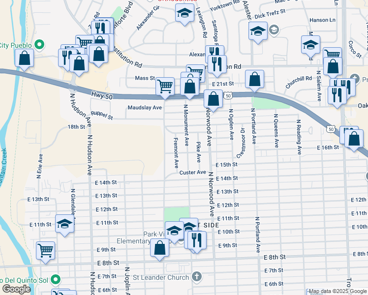 map of restaurants, bars, coffee shops, grocery stores, and more near 1641 N Monument Ave in Pueblo