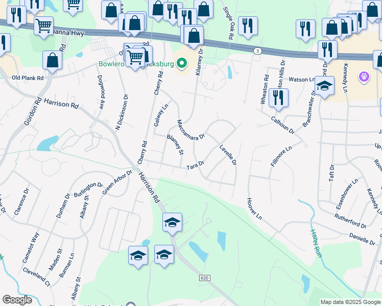 map of restaurants, bars, coffee shops, grocery stores, and more near 806 Shamrock Drive in Fredericksburg