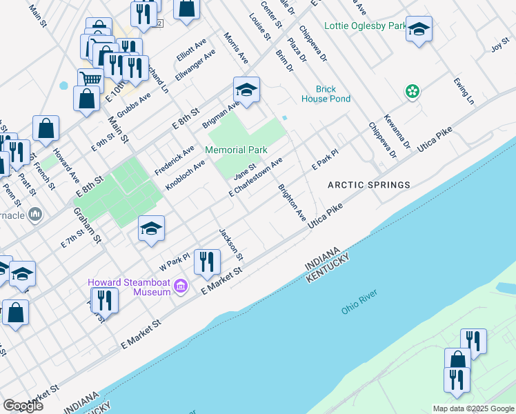 map of restaurants, bars, coffee shops, grocery stores, and more near 306 East Park Place in Jeffersonville