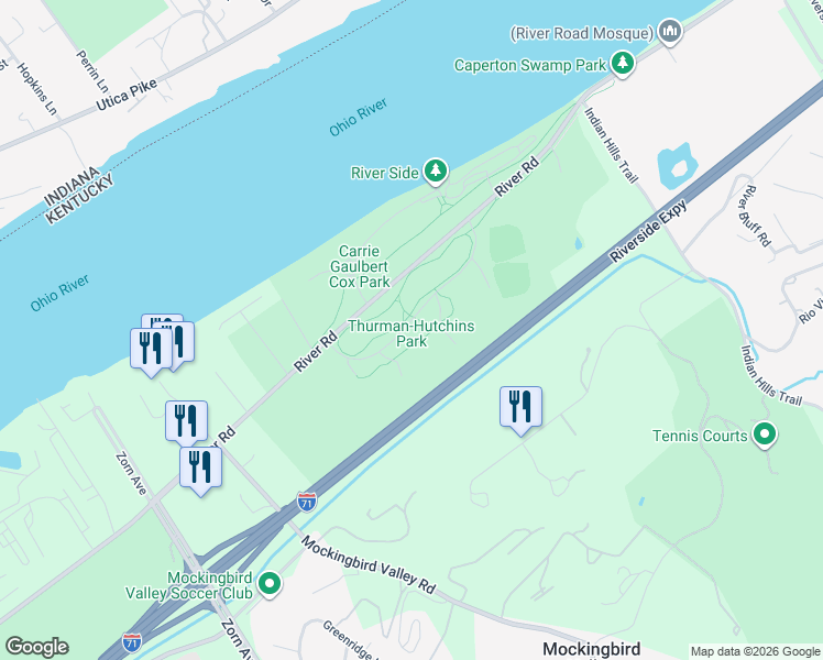 map of restaurants, bars, coffee shops, grocery stores, and more near 3227 River Road in Louisville