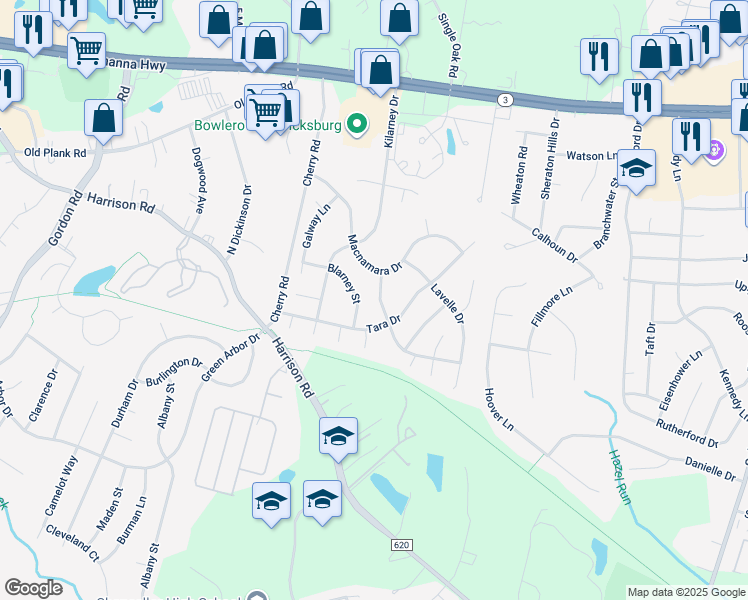 map of restaurants, bars, coffee shops, grocery stores, and more near 806 Shamrock Drive in Fredericksburg