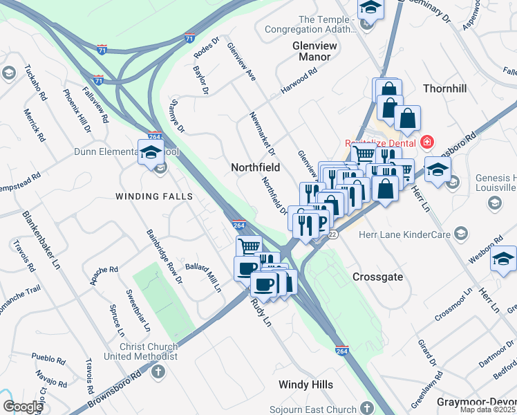 map of restaurants, bars, coffee shops, grocery stores, and more near 6000 Hunting Road in Louisville
