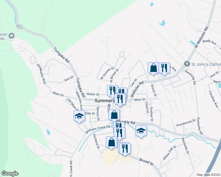 map of restaurants, bars, coffee shops, grocery stores, and more near 308 Broad Street in Summersville