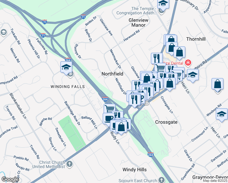 map of restaurants, bars, coffee shops, grocery stores, and more near 5900 Hunting Road in Louisville