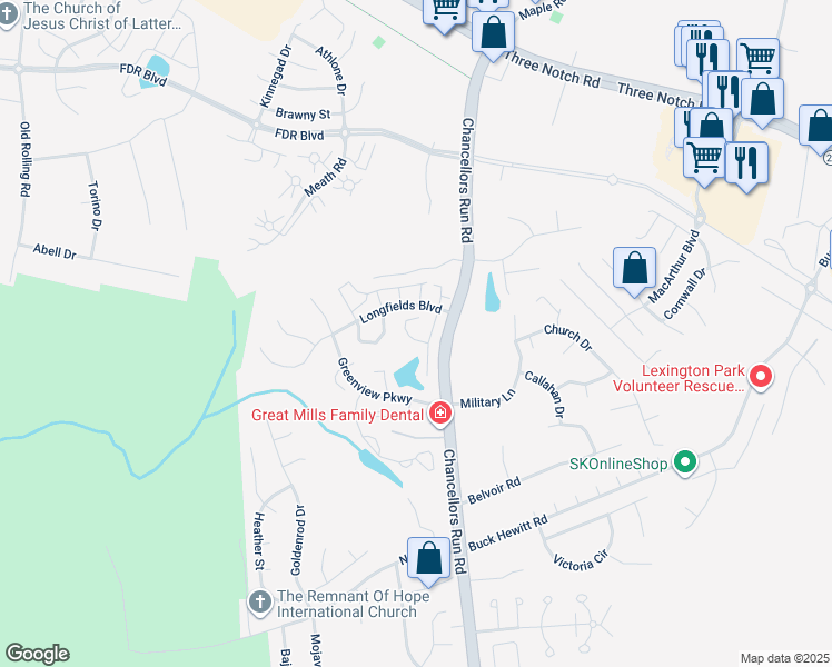 map of restaurants, bars, coffee shops, grocery stores, and more near 45642 Taras Court in Great Mills