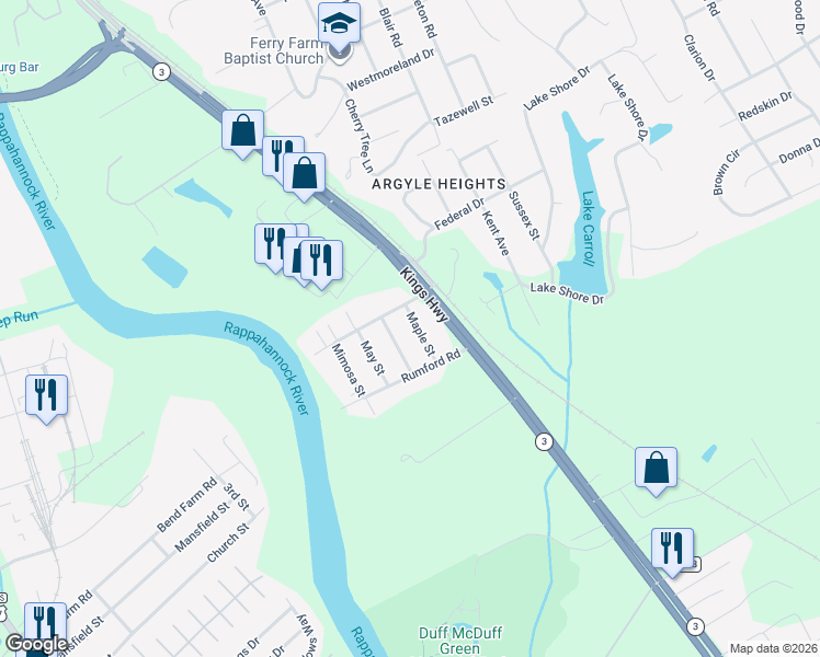 map of restaurants, bars, coffee shops, grocery stores, and more near 206 Maple Street in Fredericksburg
