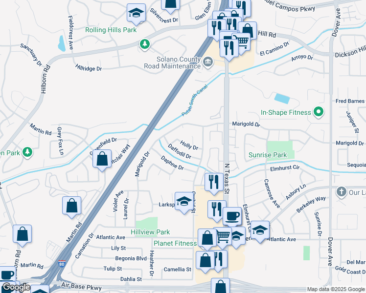 map of restaurants, bars, coffee shops, grocery stores, and more near 257 Holly Drive in Fairfield