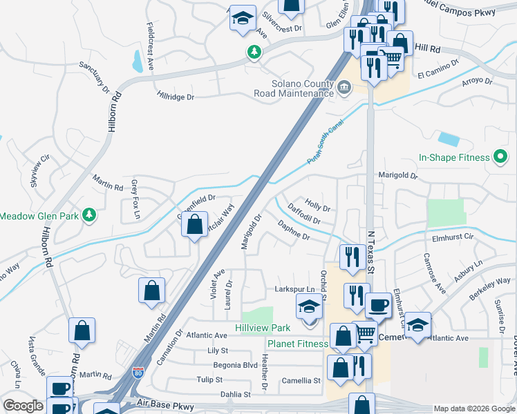 map of restaurants, bars, coffee shops, grocery stores, and more near 2100 Greenfield Drive in Fairfield