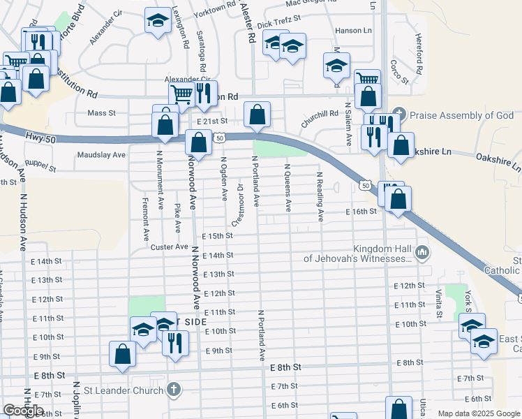 map of restaurants, bars, coffee shops, grocery stores, and more near 1615 North Portland Avenue in Pueblo