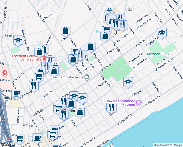 map of restaurants, bars, coffee shops, grocery stores, and more near 814 Pratt Street in Jeffersonville