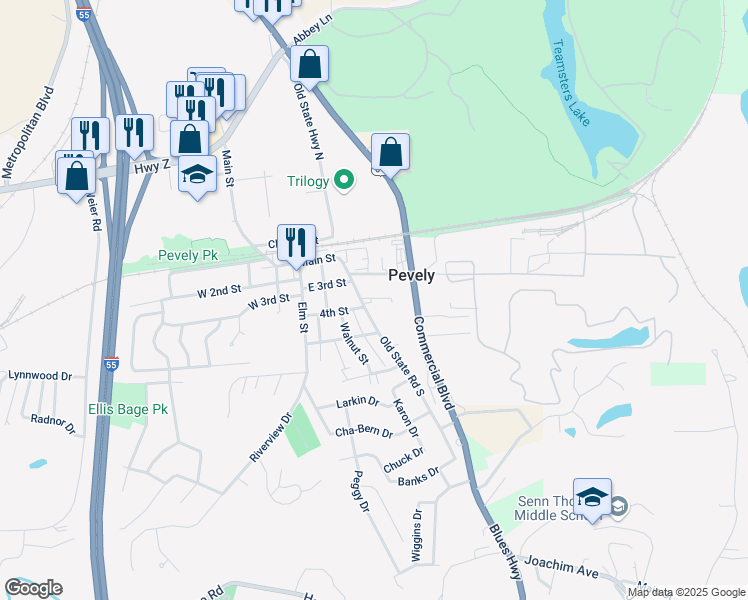 map of restaurants, bars, coffee shops, grocery stores, and more near 304 Old State Road South in Pevely