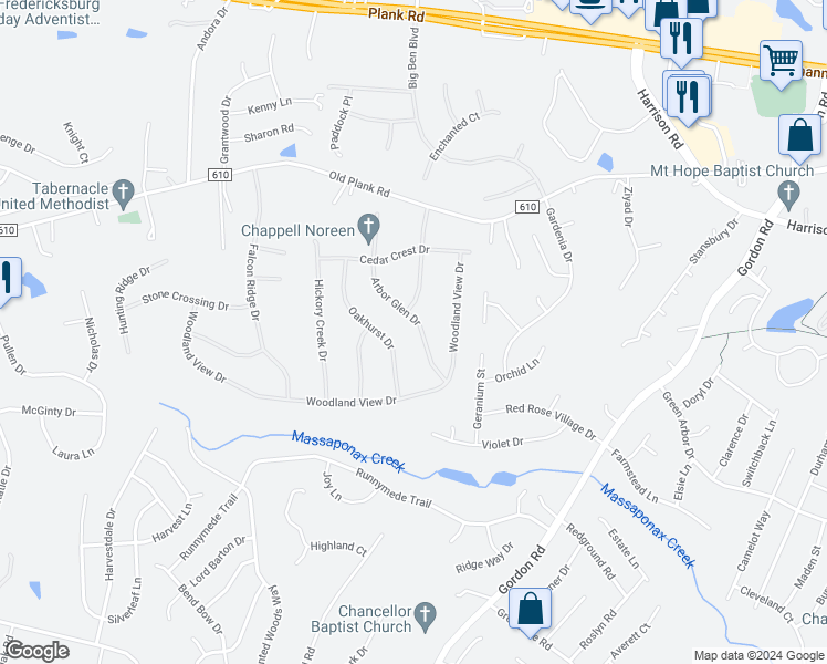 map of restaurants, bars, coffee shops, grocery stores, and more near 11814 Arbor Glen Drive in Fredericksburg