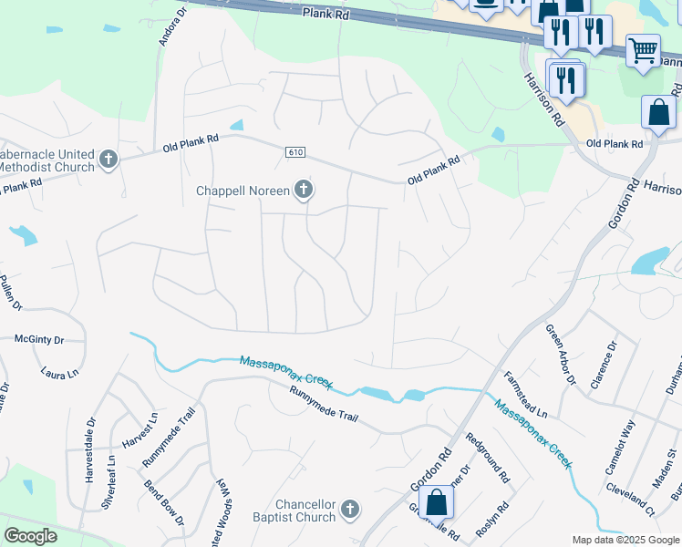 map of restaurants, bars, coffee shops, grocery stores, and more near 11814 Arbor Glen Drive in Fredericksburg